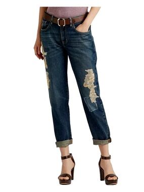 Lauren Ralph Lauren Dark Blue Boyfriend Jeans with Cream Lace Appliqué